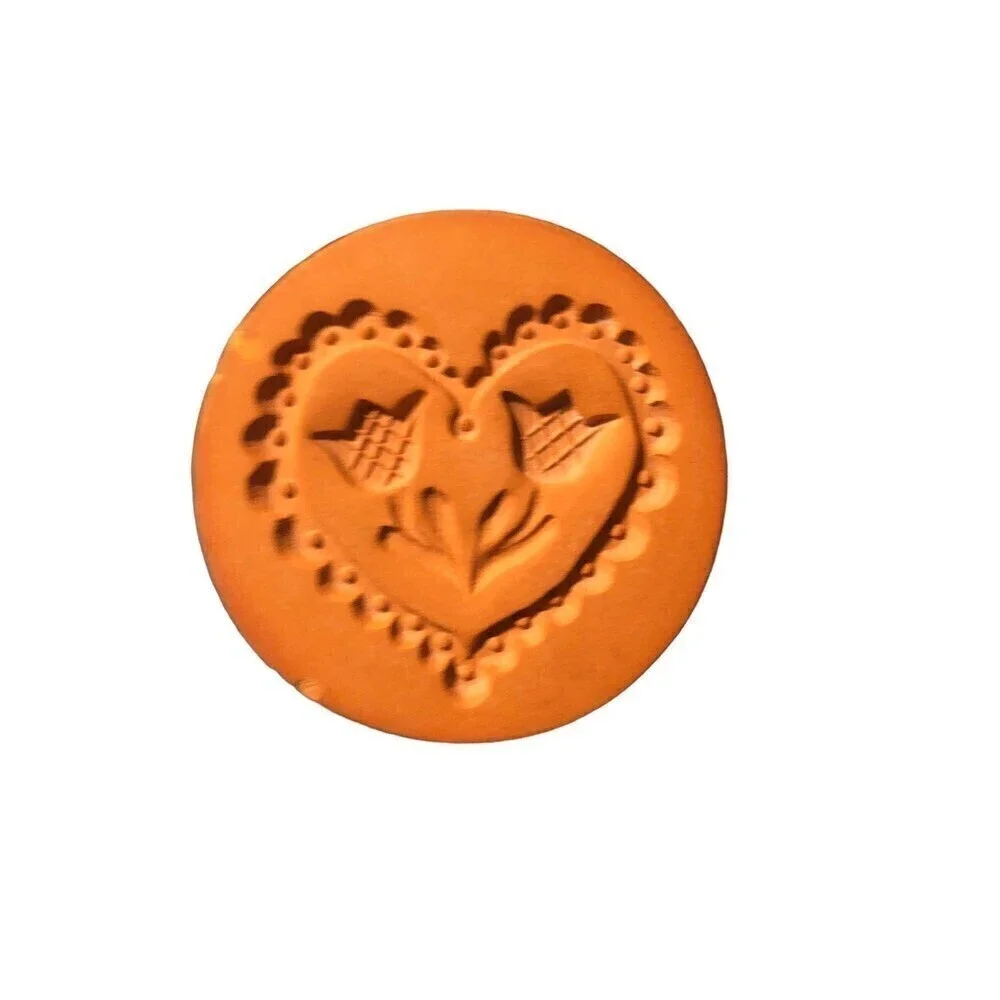 Vintage Terracotta 2” Butter Or Cookie Press Vintage Clay Heart Tulips Angel
